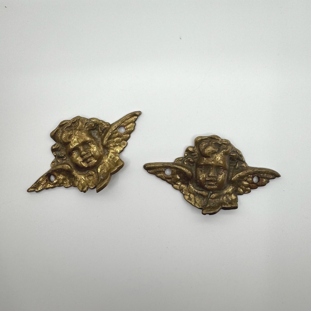 Vtg Cast Brass Cherub Putti Angel Head Furniture Appliques Pair Victorian Style